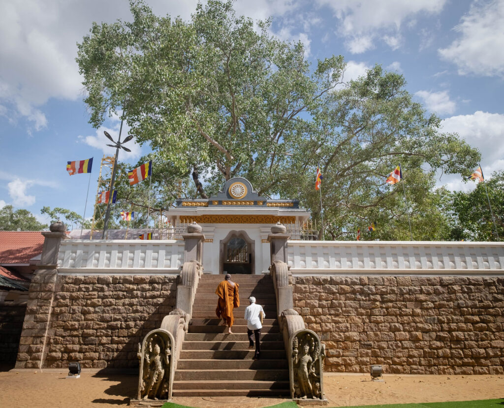 A man and a Buddist monk climbing up the stairs that lead to the Jaya Sri Maha Bodhi; the Miracle Sacred Bo tree in Anuradhapura, Sri Lanka