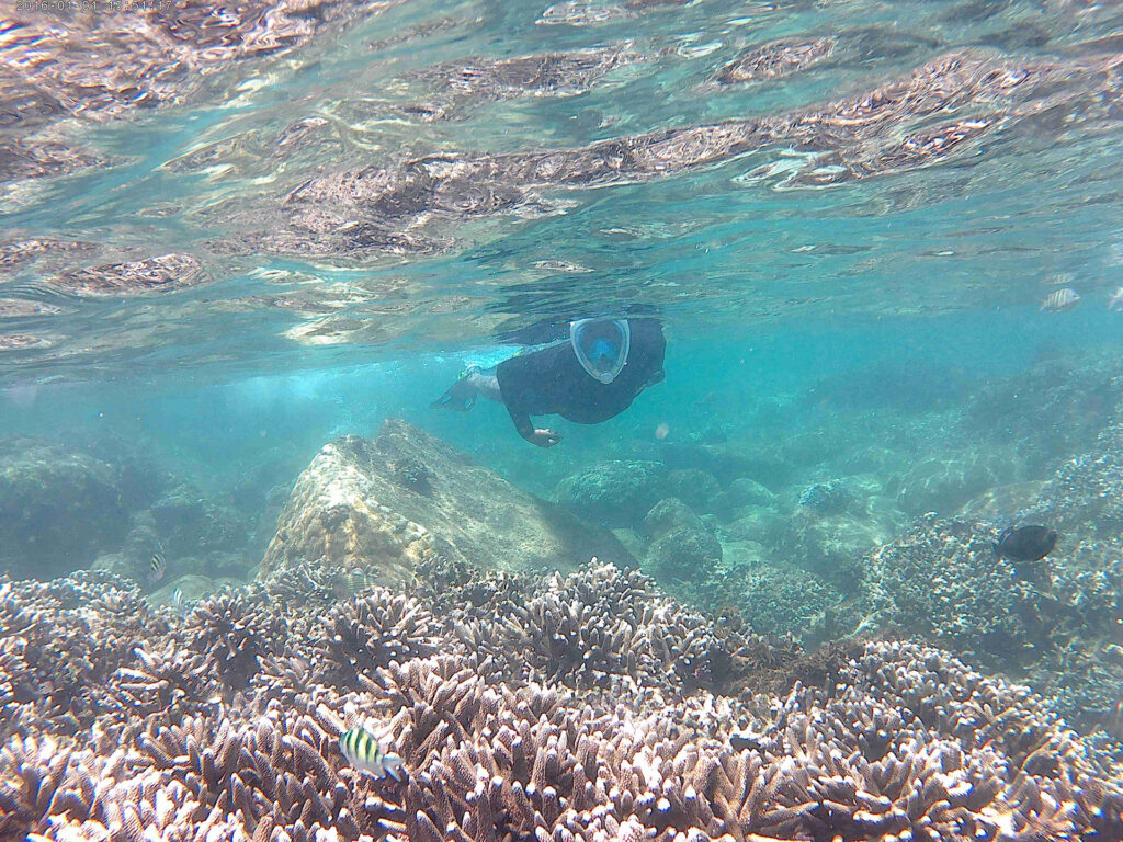A man snorkeling under the blue waters