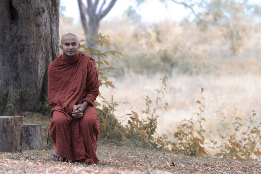 A monk seated under a tree in a dry background