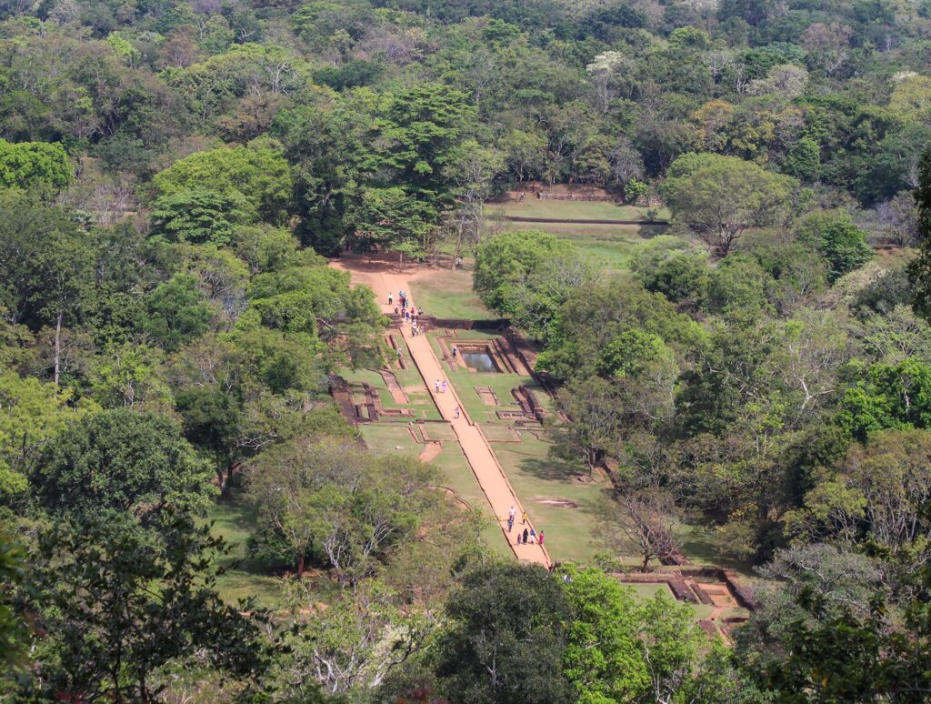 A sky view of the ruins of the watergarden of the sigiriya rock fortress