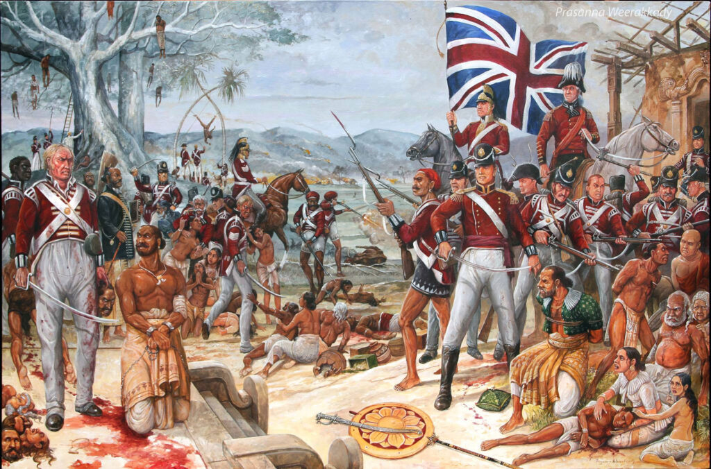 The British army torturing the Sinhalese revealing the colonization history timeline of Sri Lanka