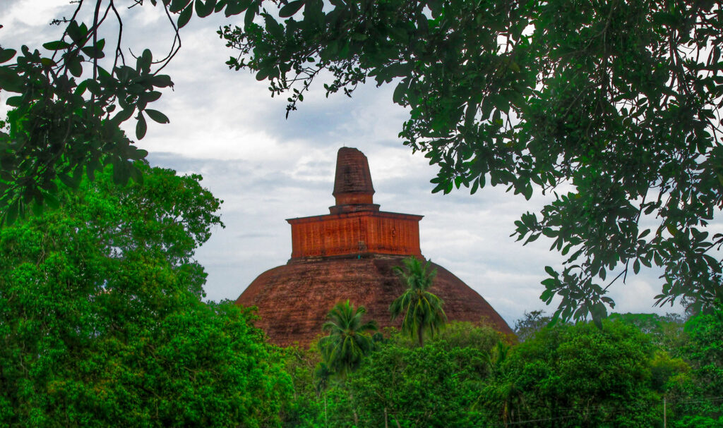 The brick stupa that stands high amidst the greenery