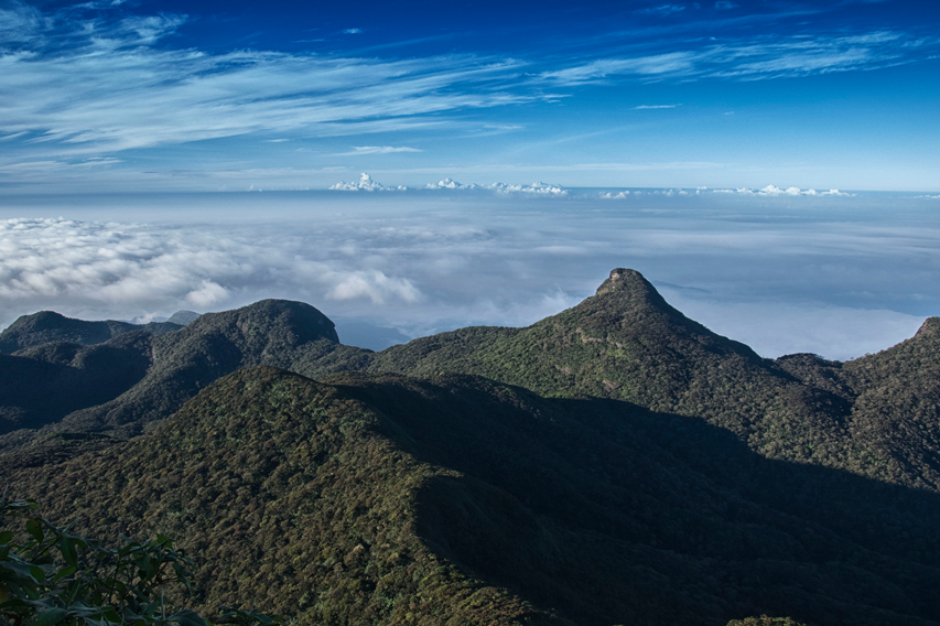 The sky view of Adams peak mountain range and its verdant surroundings