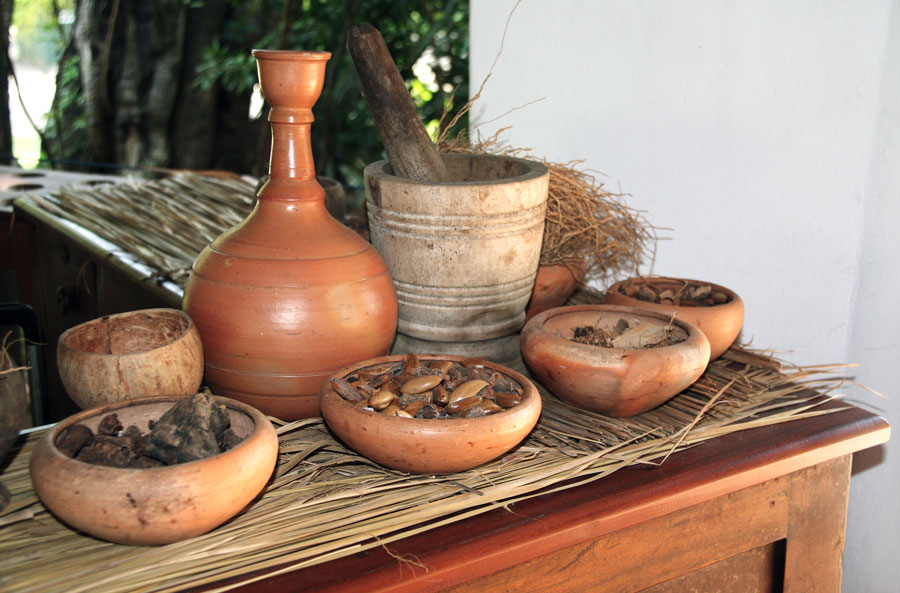 The Ingredients of the Wonderful Ayurvedic Medicine in Sri Lanka in clay pots