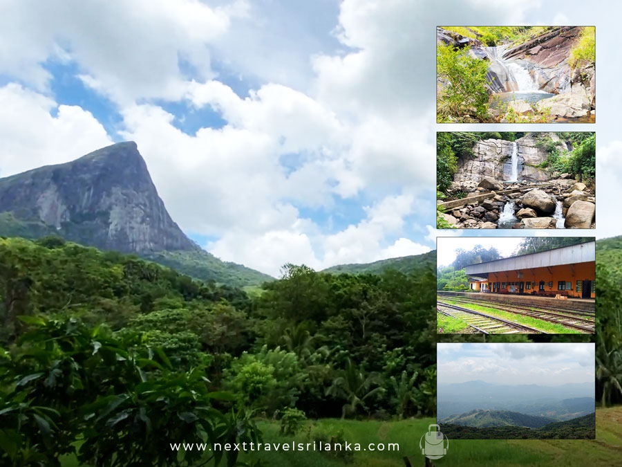 Scenic mountain landscape of a hidden village in Sri Lanka with lush greenery, waterfalls, and rural railway views.