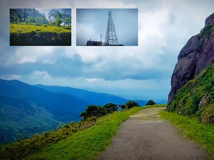Scenic view of Riverston in Sri Lanka featuring a winding mountain road, lush green valleys, dramatic rock formations, and small inset images showing nearby tea plantations and a communication tower.