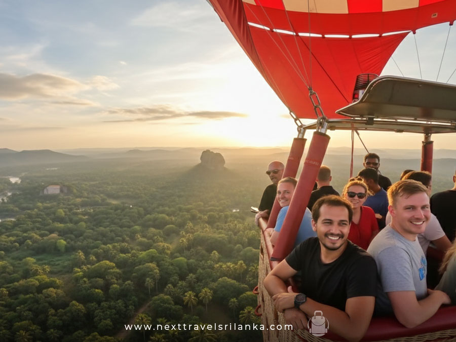 Experiencing the delight of hot air ballooning in beautiful Sri Lanka, in a hot air balloon over Sigiriya rock at sunrise with tourists enjoying aerial views of Sri Lanka’s lush landscape