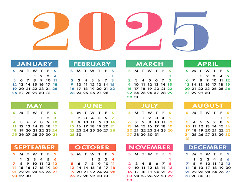 2025 colorful yearly calendar for travel planning and holiday scheduling.